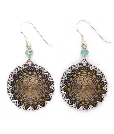Fabulous antiqued brass discs captured in antiqued sterling plated settings, with lovely sea-colored faceted crystals. Silver-fill ear wires. Approx 1.75" long.