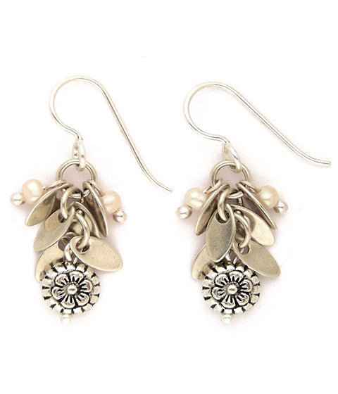 Sweet column of sterling plated brass leaves, pewter flowers and freshwater pearls. Silver-fill ear wires. Approx 1.25" long